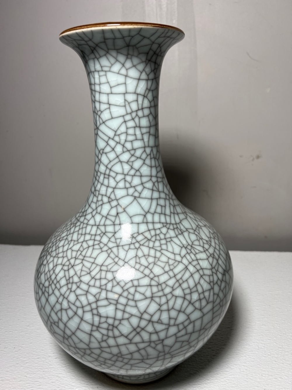 Crackle Glaze Porcelain Vase in Pale Celadon Artist Mark on Bottom